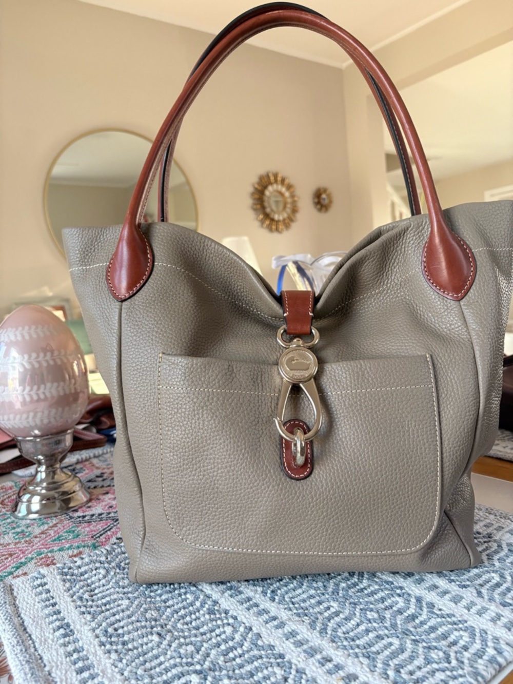Pebbled Taupe Leather Tote with Brown Trim